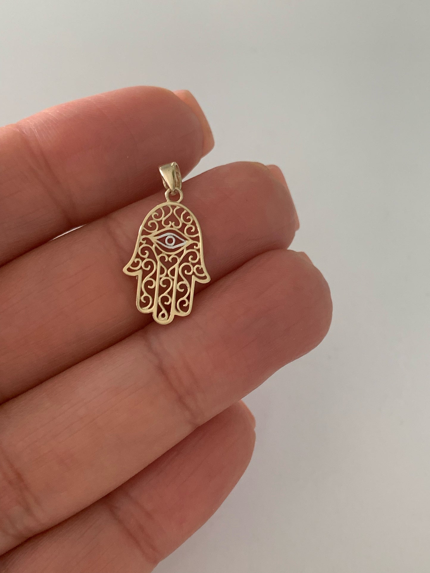 14K Solid Gold Hamsa with Evil Eye | 16MM x 11MM Two Tone Hamsa | Evil Eye Hamsa | Two TONE 14K Solid Gold Pendant