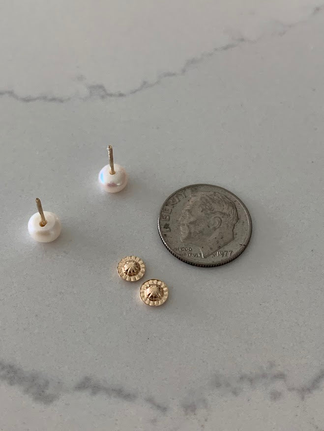 14K Gold 6MM Fresh Pearl Studs | Stud Earrings | 14k Gold Earrings with CZs