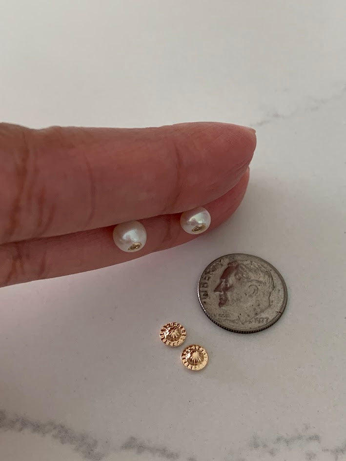 14K Gold 6MM Fresh Pearl Studs | Stud Earrings | 14k Gold Earrings with CZs