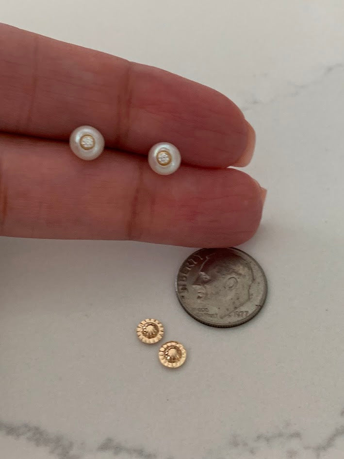 14K Gold 6MM Fresh Pearl Studs | Stud Earrings | 14k Gold Earrings with CZs
