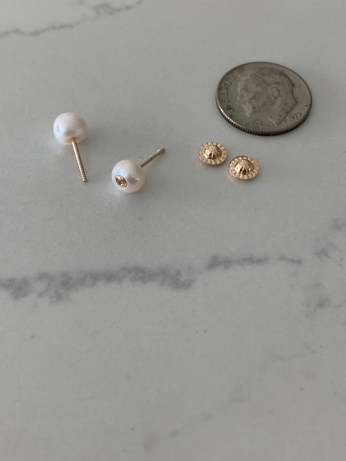 14K Gold 6MM Fresh Pearl Studs | Stud Earrings | 14k Gold Earrings with CZs