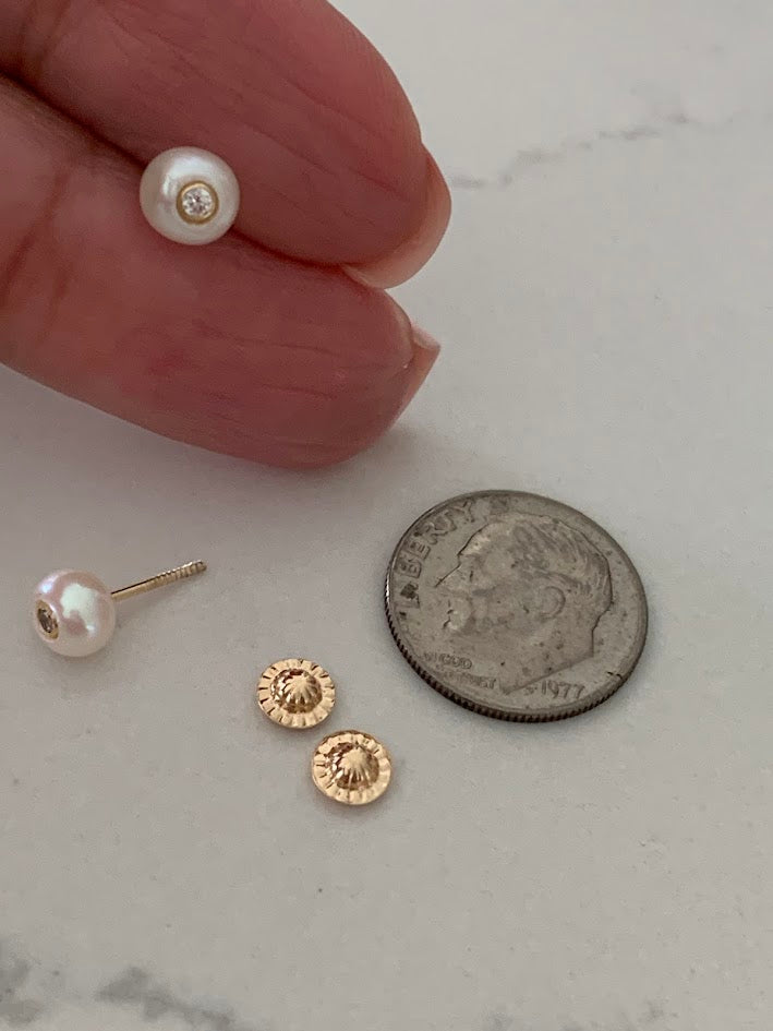 14K Gold 6MM Fresh Pearl Studs | Stud Earrings | 14k Gold Earrings with CZs