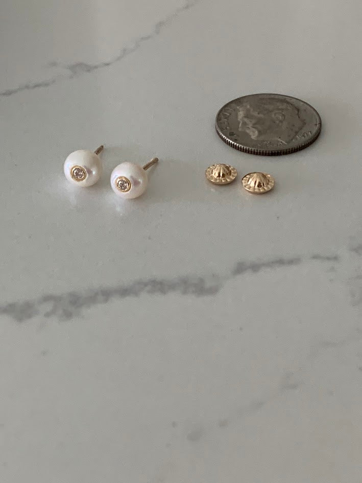 14K Gold 6MM Fresh Pearl Studs | Stud Earrings | 14k Gold Earrings with CZs