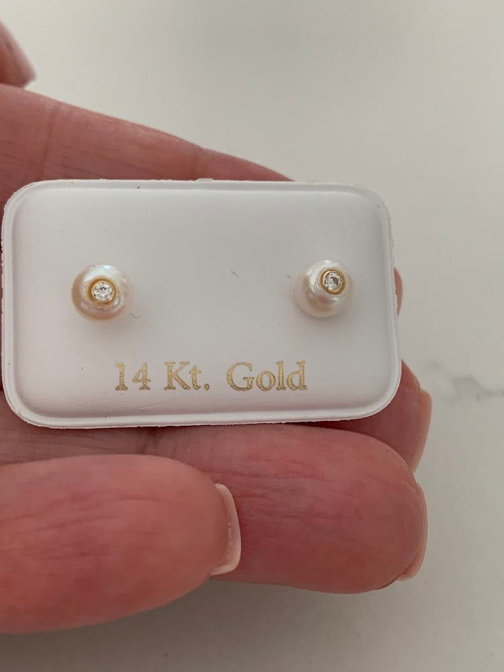 14K Gold 6MM Fresh Pearl Studs | Stud Earrings | 14k Gold Earrings with CZs