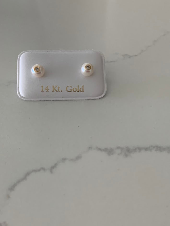 14K Gold 6MM Fresh Pearl Studs | Stud Earrings | 14k Gold Earrings with CZs