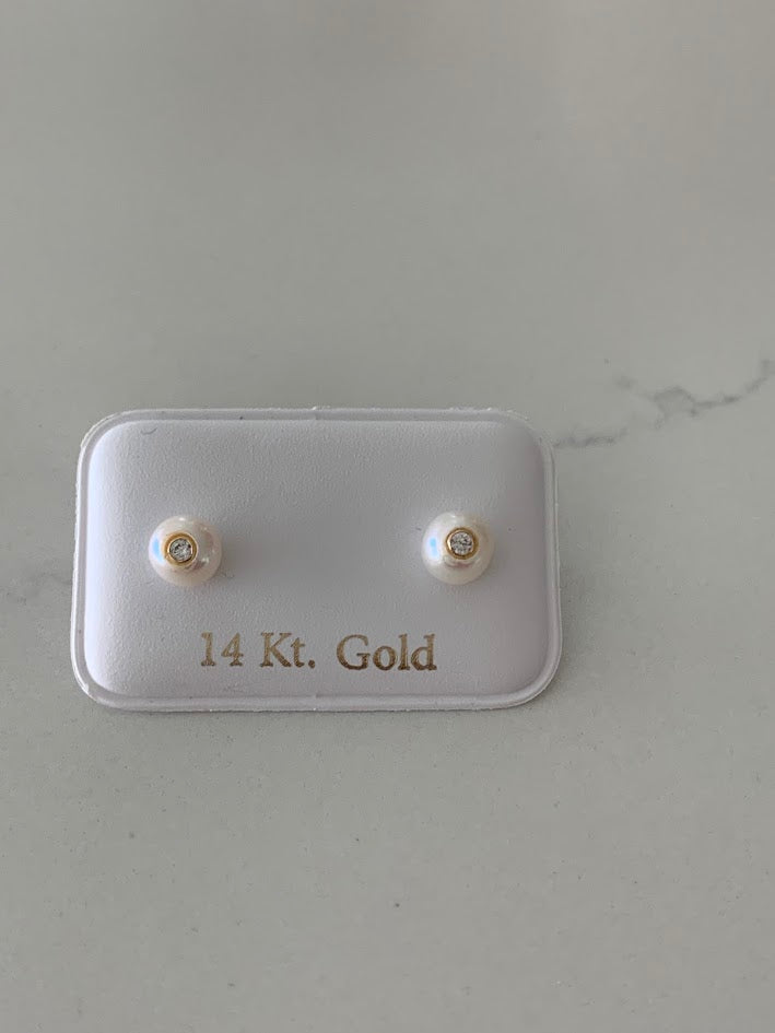 14K Gold 6MM Fresh Pearl Studs | Stud Earrings | 14k Gold Earrings with CZs