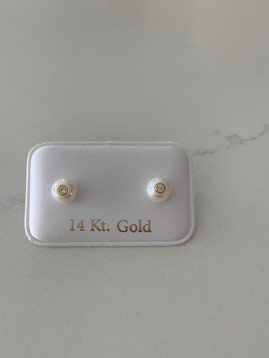 14K Gold 6MM Fresh Pearl Studs | Stud Earrings | 14k Gold Earrings with CZs
