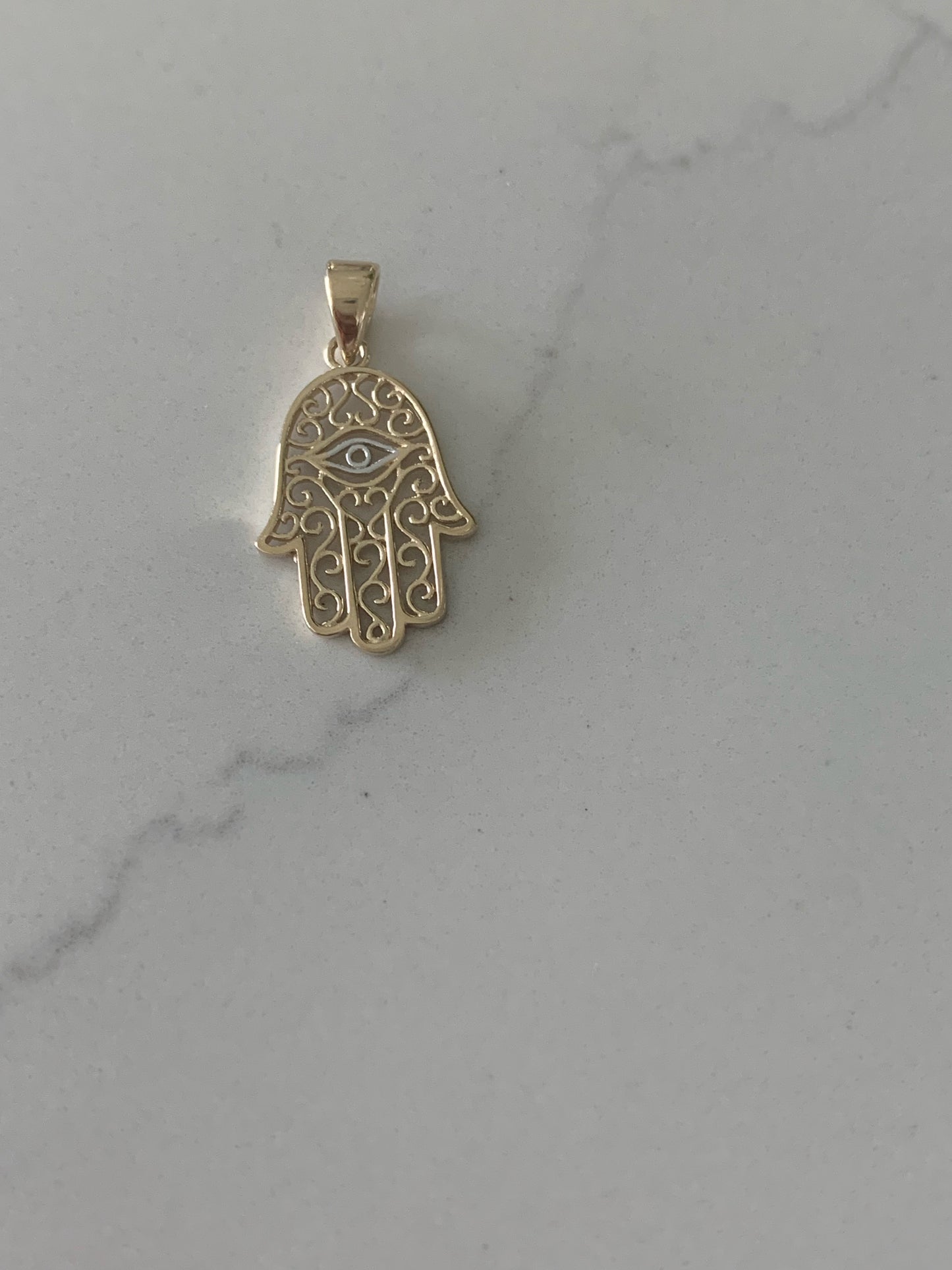 14K Solid Gold Hamsa with Evil Eye | 16MM x 11MM Two Tone Hamsa | Evil Eye Hamsa | Two TONE 14K Solid Gold Pendant
