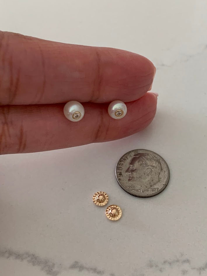 14K Gold 6MM Fresh Pearl Studs | Stud Earrings | 14k Gold Earrings with CZs