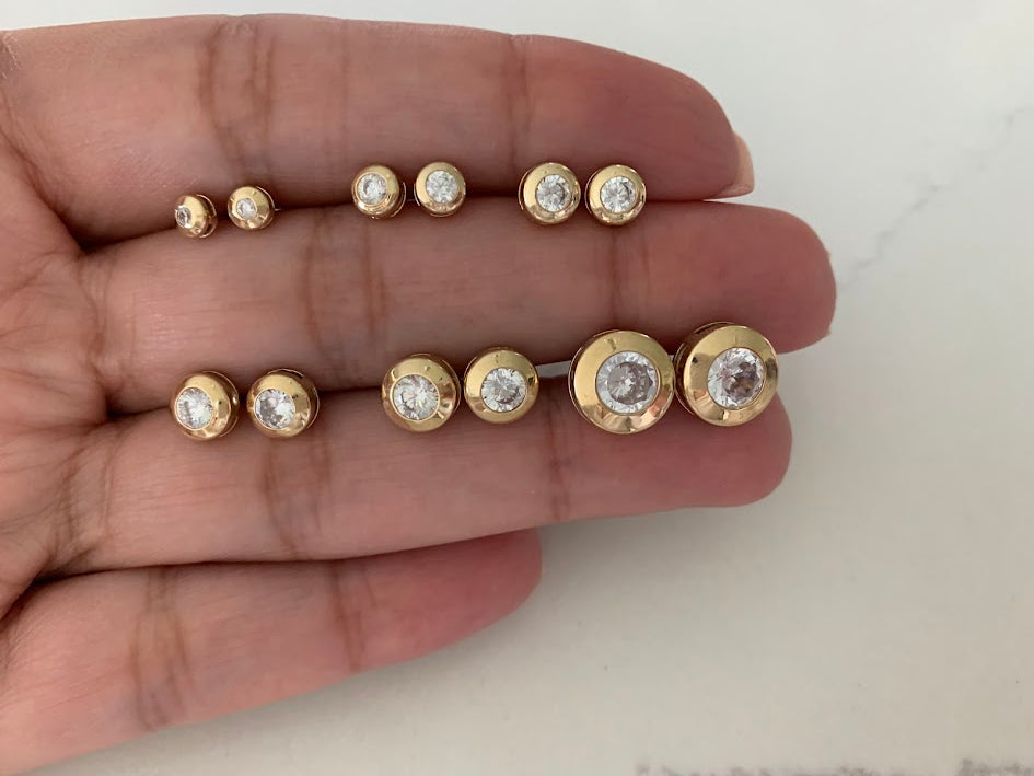 14K Yellow Gold Bezel Stud Earrings, Solitaire Earrings, Cubic Zirconia Studs, Dainty Bezel Studs, 4MM, 5MM, 6MM, 7MM, 8MM & 10MM Shiny Everyday Earrings