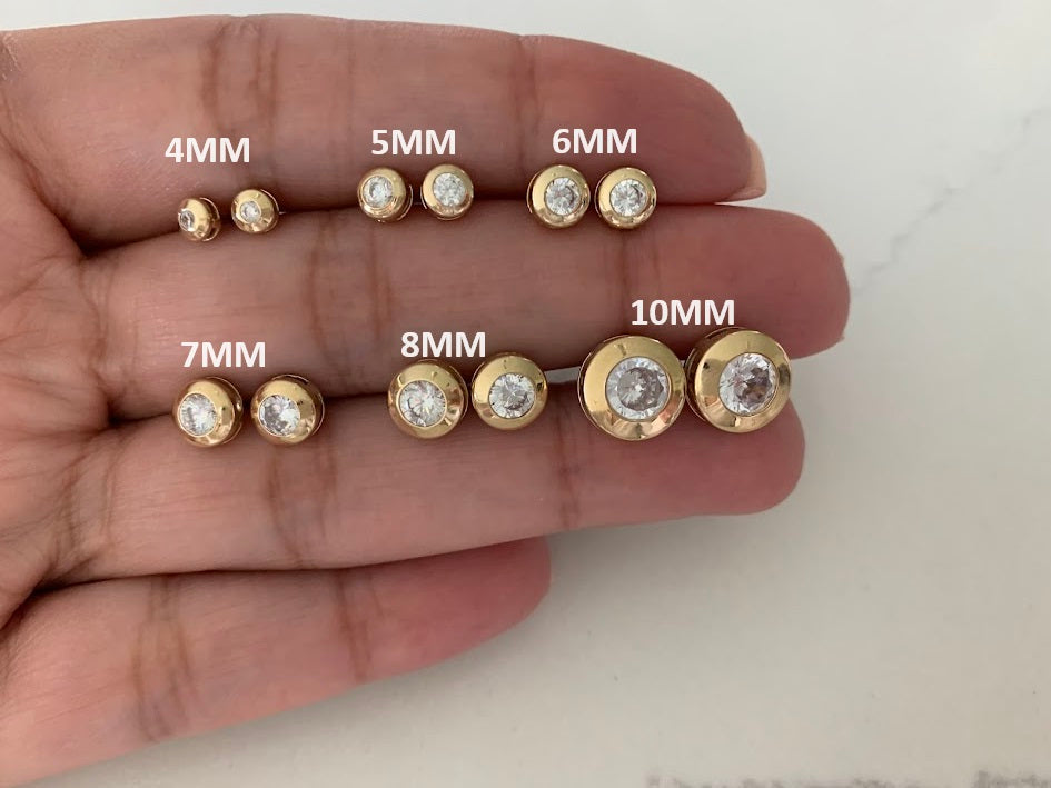 14K Yellow Gold Bezel Stud Earrings, Solitaire Earrings, Cubic Zirconia Studs, Dainty Bezel Studs, 4MM, 5MM, 6MM, 7MM, 8MM & 10MM Shiny Everyday Earrings