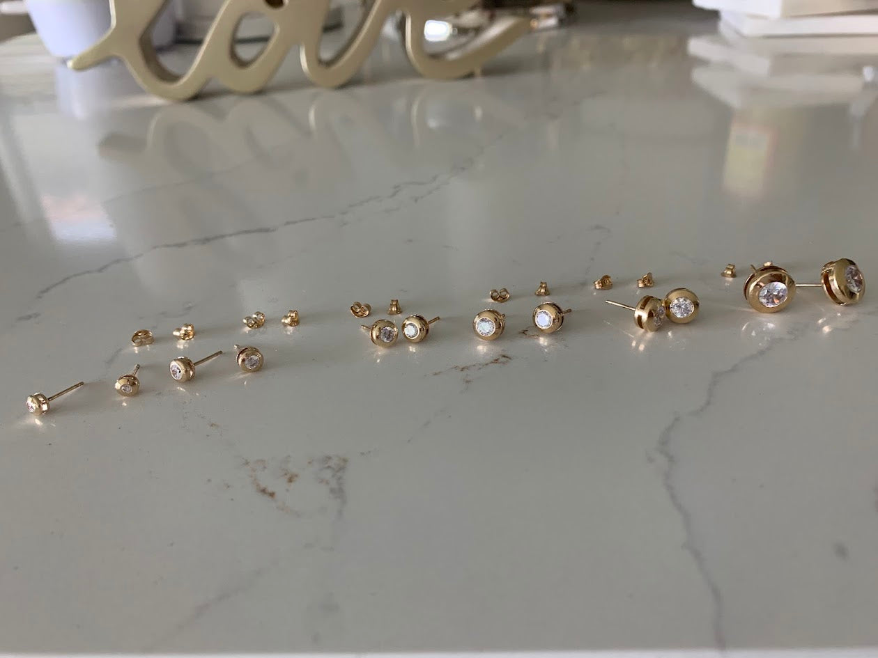 14K Yellow Gold Bezel Stud Earrings, Solitaire Earrings, Cubic Zirconia Studs, Dainty Bezel Studs, 4MM, 5MM, 6MM, 7MM, 8MM & 10MM Shiny Everyday Earrings