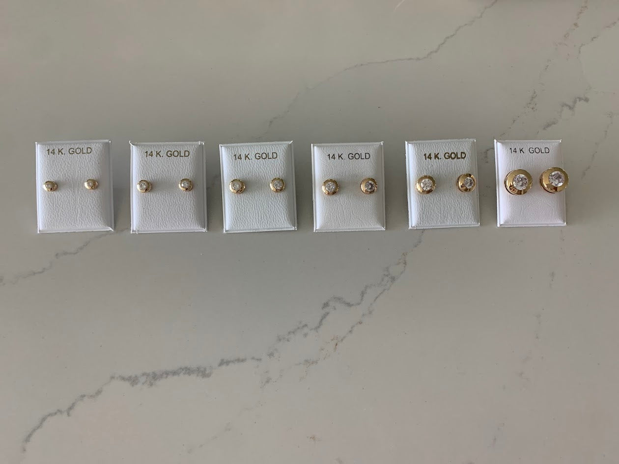 14K Yellow Gold Bezel Stud Earrings, Solitaire Earrings, Cubic Zirconia Studs, Dainty Bezel Studs, 4MM, 5MM, 6MM, 7MM, 8MM & 10MM Shiny Everyday Earrings