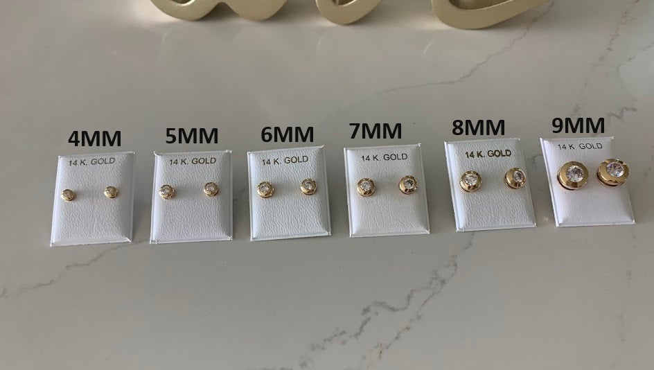 14K Yellow Gold Bezel Stud Earrings, Solitaire Earrings, Cubic Zirconia Studs, Dainty Bezel Studs, 4MM, 5MM, 6MM, 7MM, 8MM & 10MM Shiny Everyday Earrings