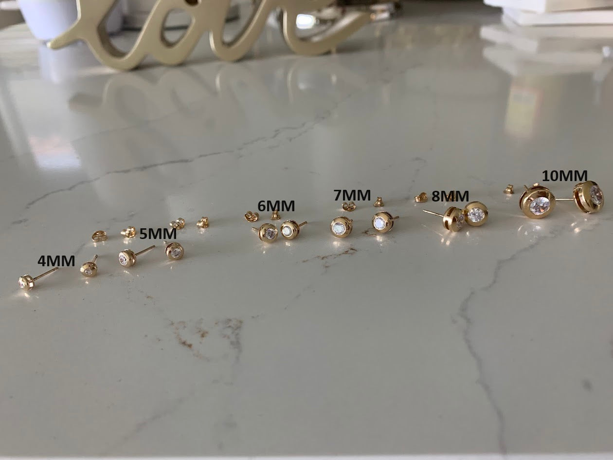 14K Yellow Gold Bezel Stud Earrings, Solitaire Earrings, Cubic Zirconia Studs, Dainty Bezel Studs, 4MM, 5MM, 6MM, 7MM, 8MM & 10MM Shiny Everyday Earrings