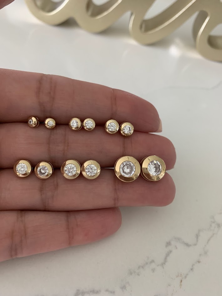 14K Yellow Gold Bezel Stud Earrings, Solitaire Earrings, Cubic Zirconia Studs, Dainty Bezel Studs, 4MM, 5MM, 6MM, 7MM, 8MM & 10MM Shiny Everyday Earrings