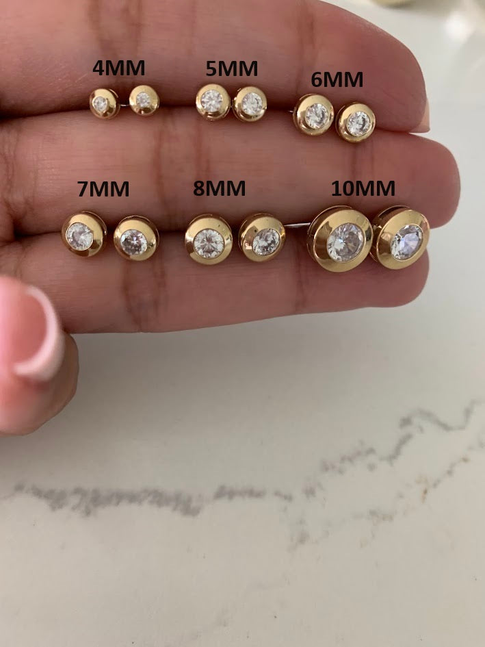 14K Yellow Gold Bezel Stud Earrings, Solitaire Earrings, Cubic Zirconia Studs, Dainty Bezel Studs, 4MM, 5MM, 6MM, 7MM, 8MM & 10MM Shiny Everyday Earrings