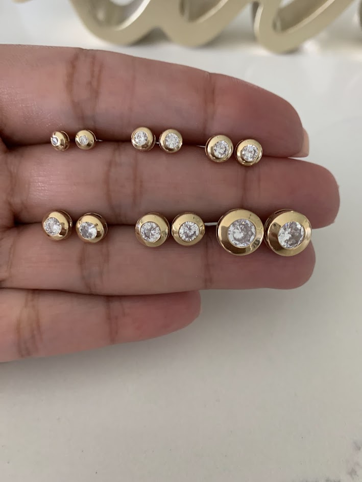 14K Yellow Gold Bezel Stud Earrings, Solitaire Earrings, Cubic Zirconia Studs, Dainty Bezel Studs, 4MM, 5MM, 6MM, 7MM, 8MM & 10MM Shiny Everyday Earrings