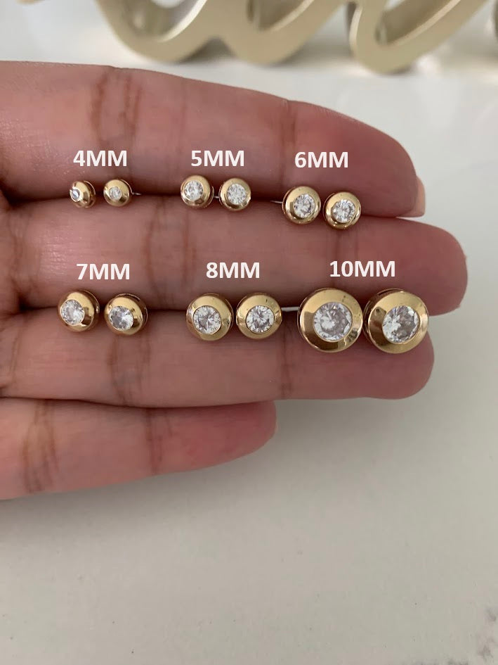 14K Yellow Gold Bezel Stud Earrings, Solitaire Earrings, Cubic Zirconia Studs, Dainty Bezel Studs, 4MM, 5MM, 6MM, 7MM, 8MM & 10MM Shiny Everyday Earrings