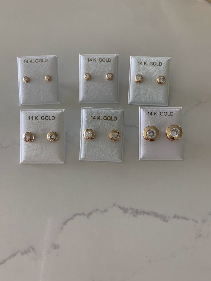 14K Yellow Gold Bezel Stud Earrings, Solitaire Earrings, Cubic Zirconia Studs, Dainty Bezel Studs, 4MM, 5MM, 6MM, 7MM, 8MM & 10MM Shiny Everyday Earrings