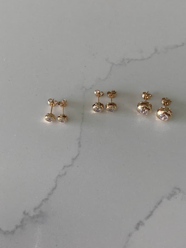 14K Yellow Gold Bezel Stud Earrings, Solitaire Earrings, Cubic Zirconia Studs, Dainty Bezel Studs, 5MM, 6MM, 7MM Shiny Everyday Earrings