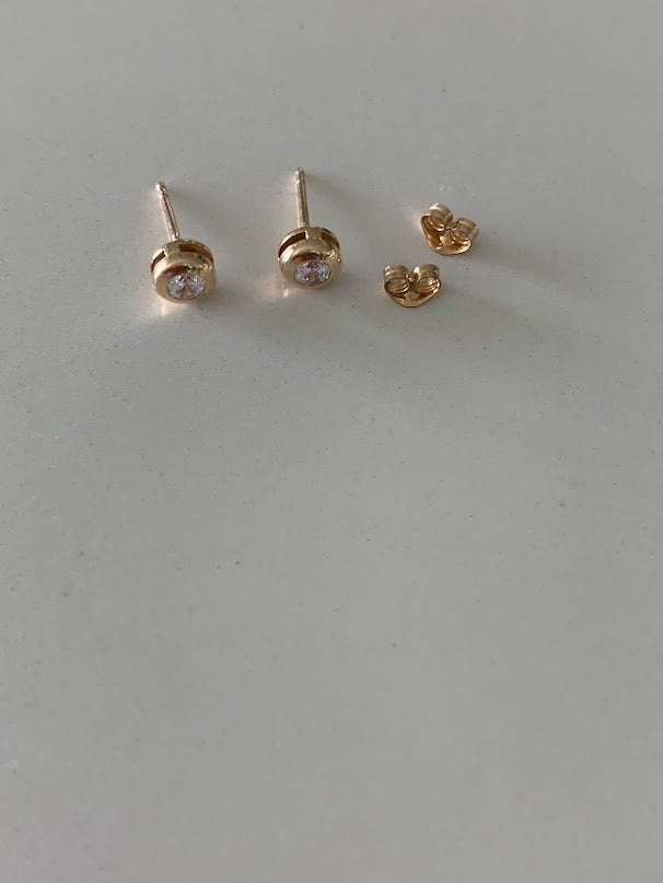 14K Yellow Gold Bezel Stud Earrings, Solitaire Earrings, Cubic Zirconia Studs, Dainty Bezel Studs, 4MM, 5MM, 6MM, 7MM, 8MM & 10MM Shiny Everyday Earrings