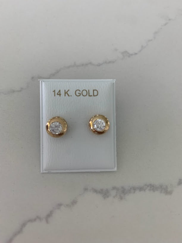 14K Yellow Gold Bezel Stud Earrings, Solitaire Earrings, Cubic Zirconia Studs, Dainty Bezel Studs, 5MM, 6MM, 7MM Shiny Everyday Earrings