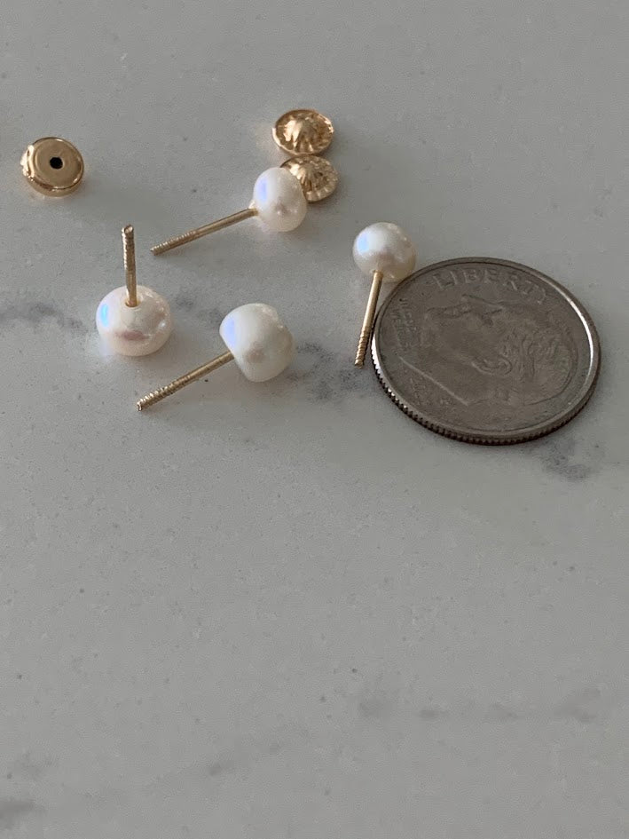 14K Gold 6MM Fresh Pearl Studs | Stud Earrings | 14k Gold Earrings with CZs