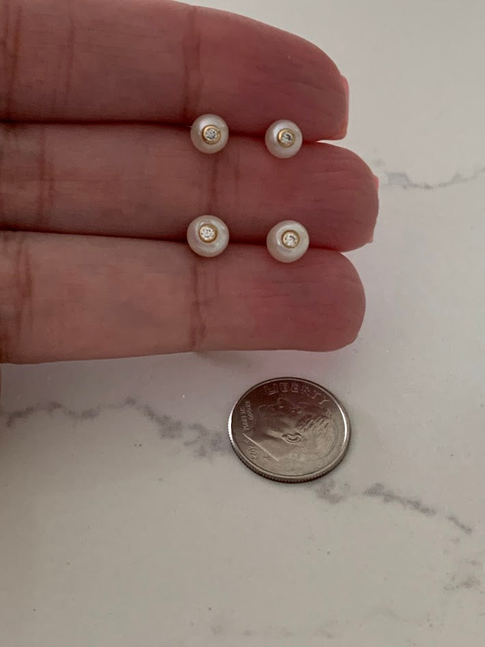 14K Gold 6MM Fresh Pearl Studs | Stud Earrings | 14k Gold Earrings with CZs
