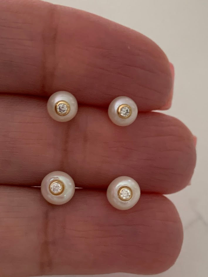 14K Gold 6MM Fresh Pearl Studs | Stud Earrings | 14k Gold Earrings with CZs