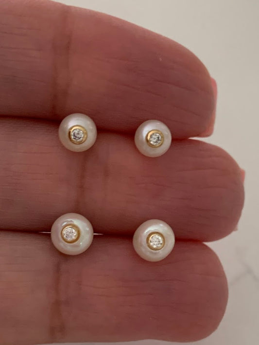 14K Gold 6MM Fresh Pearl Studs | Stud Earrings | 14k Gold Earrings with CZs