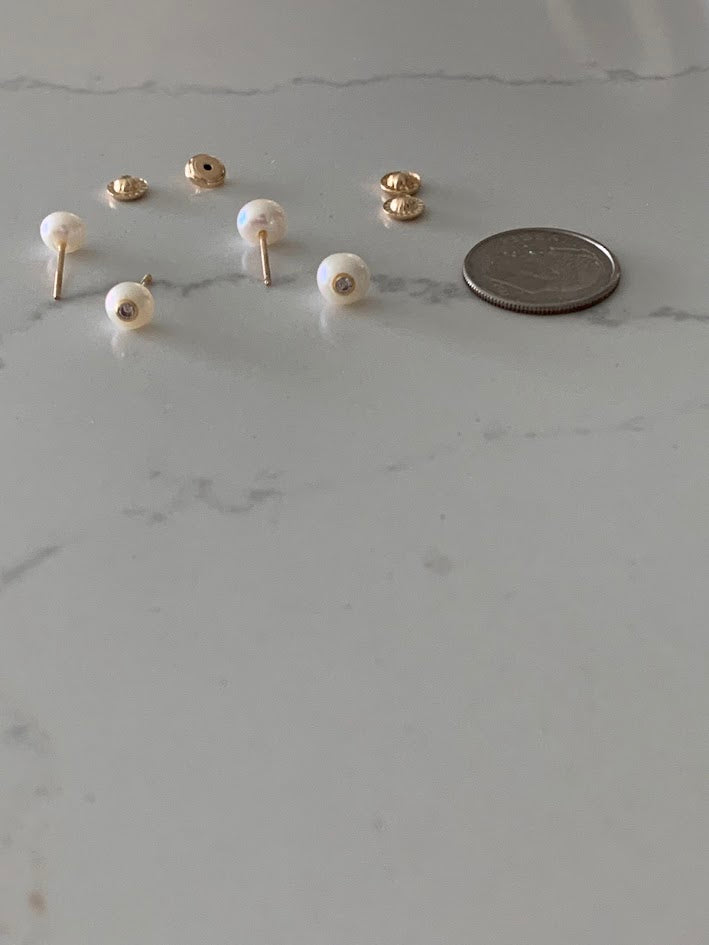 14K Gold 6MM Fresh Pearl Studs | Stud Earrings | 14k Gold Earrings with CZs