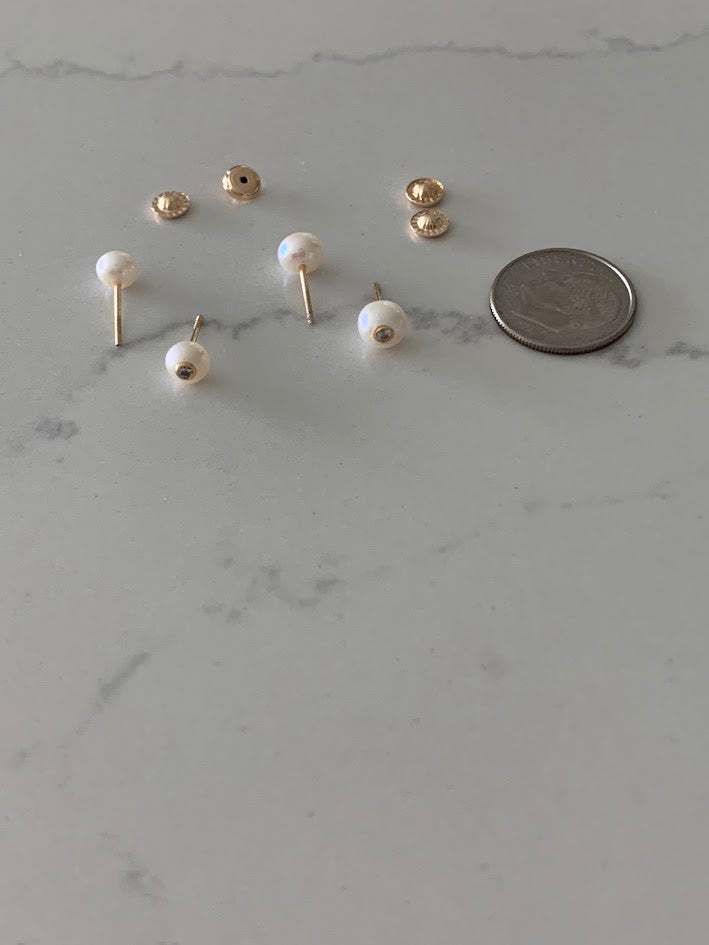 14K Gold 6MM Fresh Pearl Studs | Stud Earrings | 14k Gold Earrings with CZs