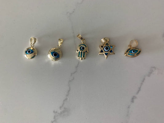 14K Solid Gold Blue Evil Eye Pendant | Round, Star of David, Hamsa, Evil Eye Charms | Gold Charms | Protection Charms | Round Shape Evil Eye
