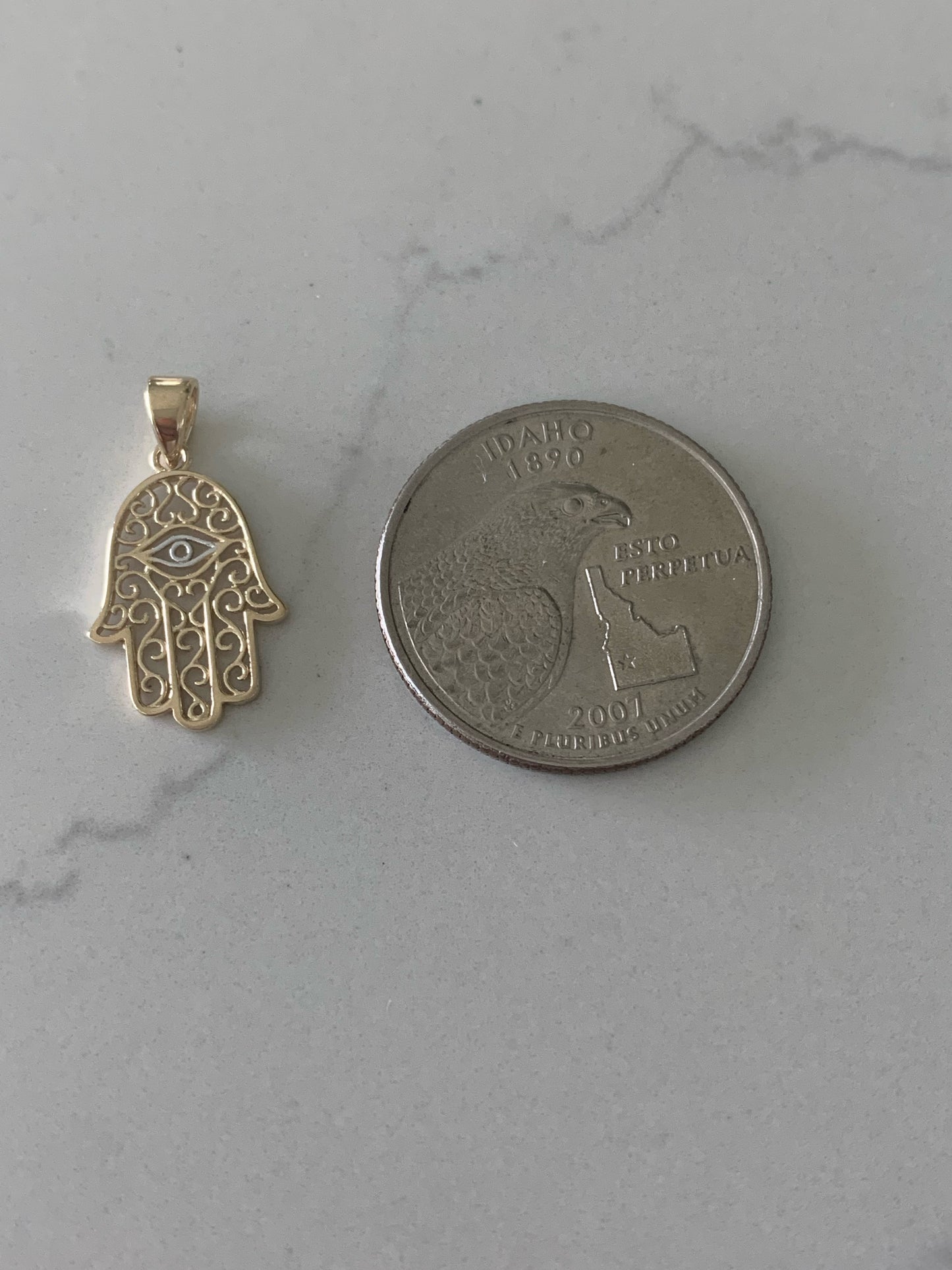 14K Solid Gold Hamsa with Evil Eye | 16MM x 11MM Two Tone Hamsa | Evil Eye Hamsa | Two TONE 14K Solid Gold Pendant