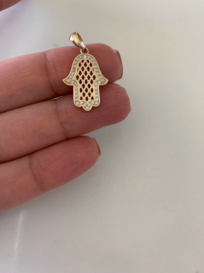 14K Solid Gold Pave Hamsa | 22MM x 17MM Gold Hamsa | CZ Hamsa | 14K Solid Gold Pendant