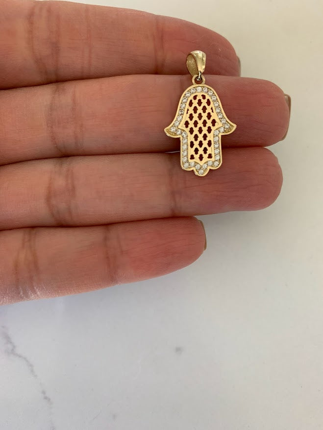 14K Solid Gold Pave Hamsa | 22MM x 17MM Gold Hamsa | CZ Hamsa | 14K Solid Gold Pendant
