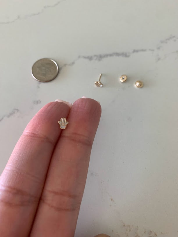 14K Gold Tiny Hamsa Earrings, Mother Pearl Earrings, Minimalist Earrings, Everyday Earrings, Dainty Earrings, 14K Gold Earrings, Hamsa