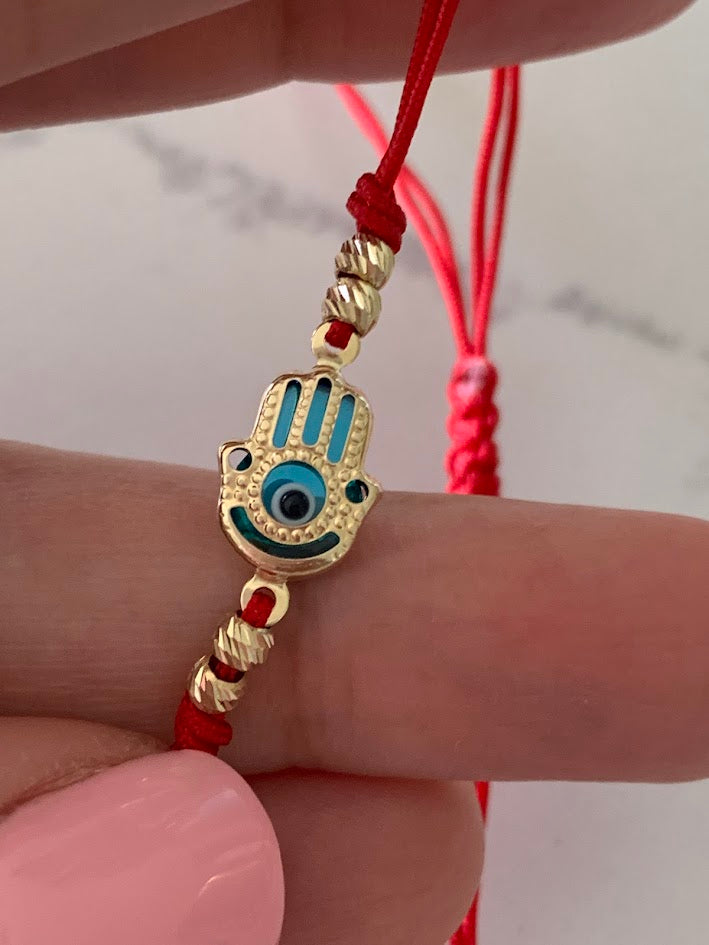 14K Gold Evil Eye Bracelet, Red String Gold Bracelet, Hamsa Evil Eye, Solid Gold Bracelet, Handmade, Yellow Gold, Gift For Protection, Gift