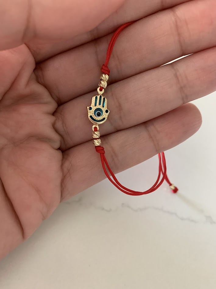 14K Gold Evil Eye Bracelet, Red String Gold Bracelet, Hamsa Evil Eye, Solid Gold Bracelet, Handmade, Yellow Gold, Gift For Protection, Gift