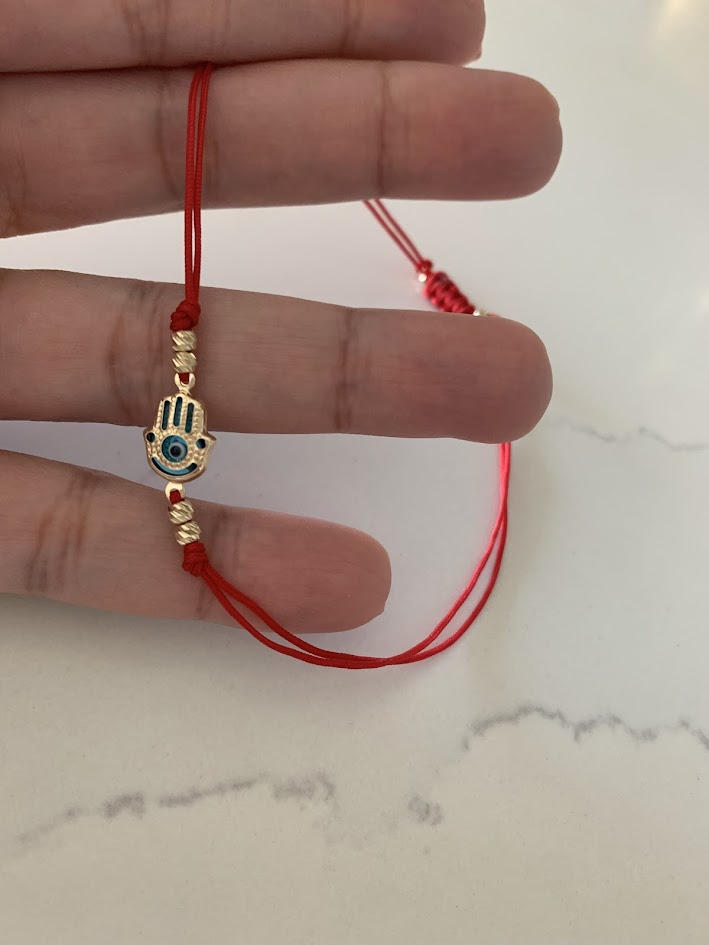 14K Gold Evil Eye Bracelet, Red String Gold Bracelet, Hamsa Evil Eye, Solid Gold Bracelet, Handmade, Yellow Gold, Gift For Protection, Gift