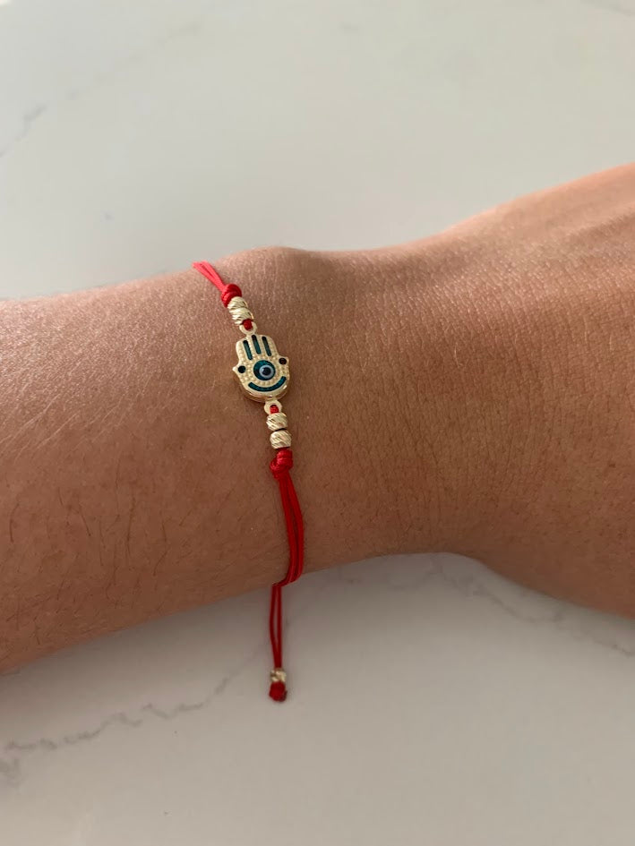 14K Gold Evil Eye Bracelet, Red String Gold Bracelet, Hamsa Evil Eye, Solid Gold Bracelet, Handmade, Yellow Gold, Gift For Protection, Gift