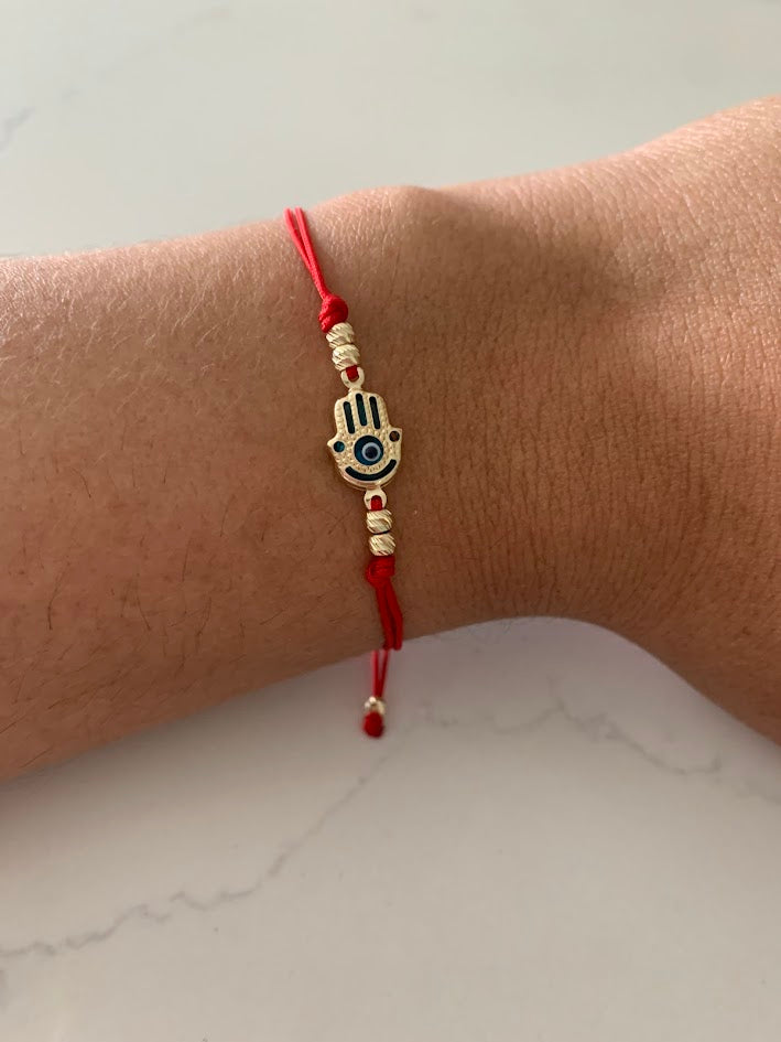 14K Gold Evil Eye Bracelet, Red String Gold Bracelet, Hamsa Evil Eye, Solid Gold Bracelet, Handmade, Yellow Gold, Gift For Protection, Gift