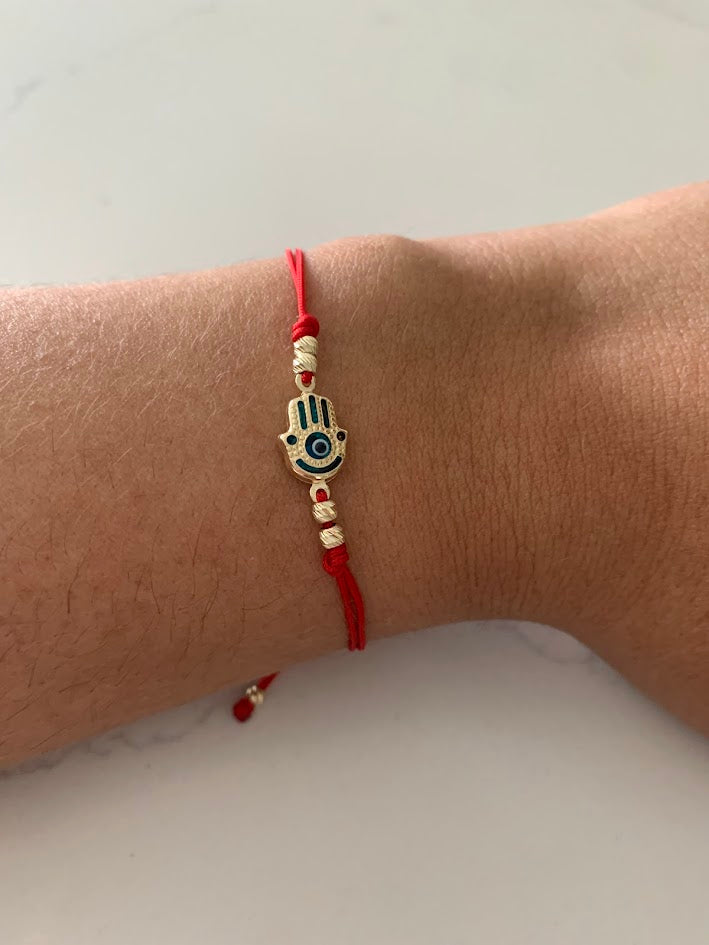 14K Gold Evil Eye Bracelet, Red String Gold Bracelet, Hamsa Evil Eye, Solid Gold Bracelet, Handmade, Yellow Gold, Gift For Protection, Gift