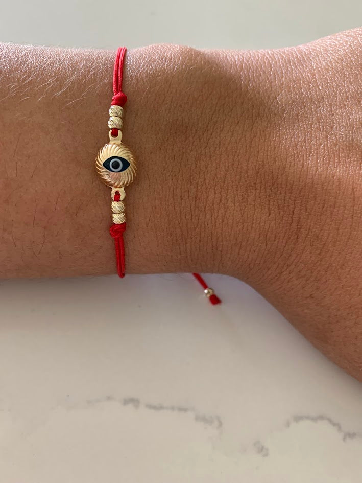 14K Gold Evil Eye Bracelet, Red String Gold Bracelet, Hamsa Evil Eye, Solid Gold Bracelet, Handmade, Yellow Gold, Gift For Protection, Gift