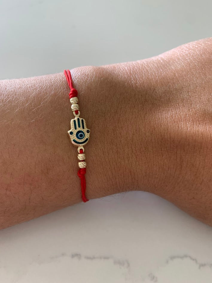 14K Gold Evil Eye Bracelet, Red String Gold Bracelet, Hamsa Evil Eye, Solid Gold Bracelet, Handmade, Yellow Gold, Gift For Protection, Gift