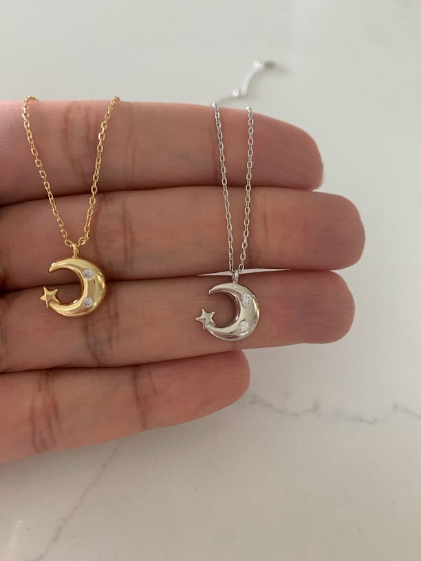 Moon Necklace, Moon ZC, Dainty Necklace, Layering Necklace, Minimalist Jewelry, Star Necklace, Crescent Moon, Gold, Silver, Sterling Silver