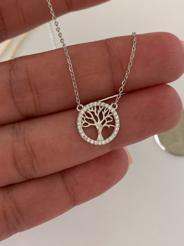 Tree of Life with CZ, Dainty Tree of Life Necklace, Tree Necklace, Sterling Silver Necklace, Attached Pendant Necklace
