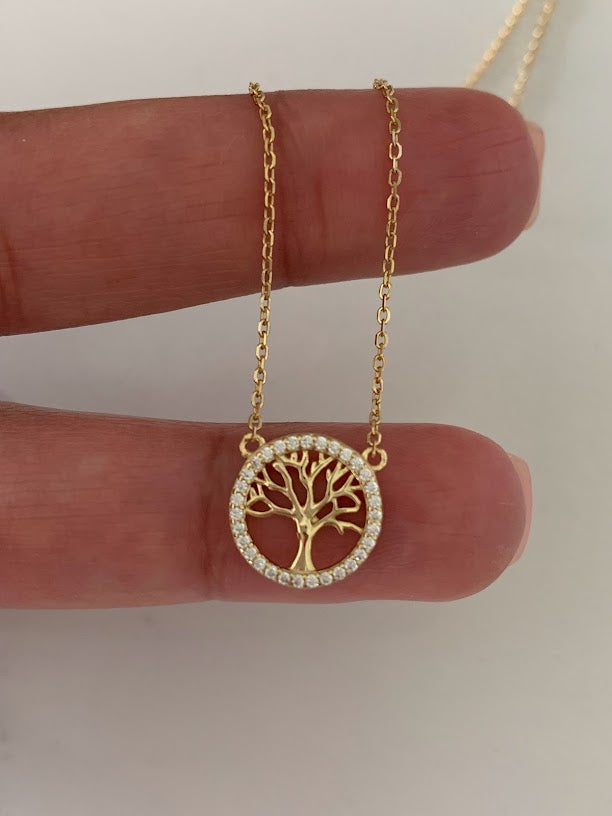 Tree of Life with CZ, Dainty Tree of Life Necklace, Tree Necklace, Sterling Silver Necklace, Attached Pendant Necklace