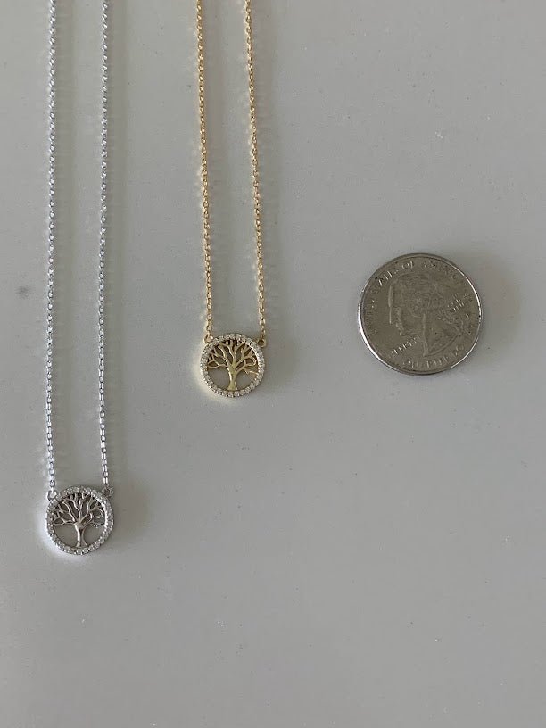 Tree of Life with CZ, Dainty Tree of Life Necklace, Tree Necklace, Sterling Silver Necklace, Attached Pendant Necklace